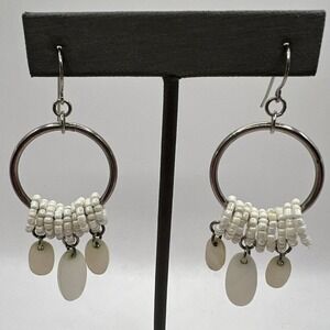 Pierced Hoop Earrings Silver Tone with Seed Beads and White‎ Hanging Disks